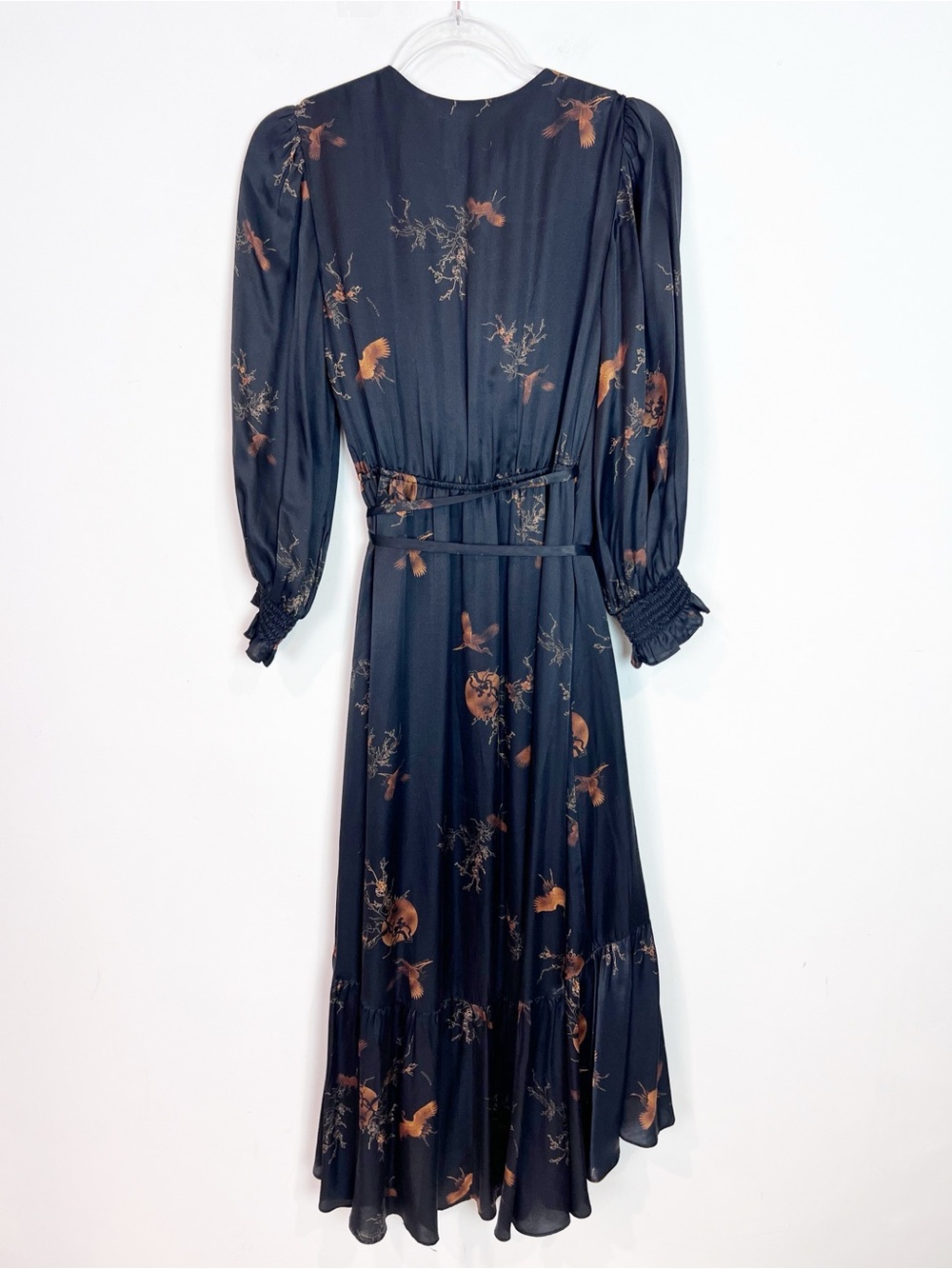 ALL SAINTS ADELAIDE AURORA BLACK WRAP MIDI DRESS BROWN BIRD BRANCHES PRINT SZ 4 - Picture 5 of 9